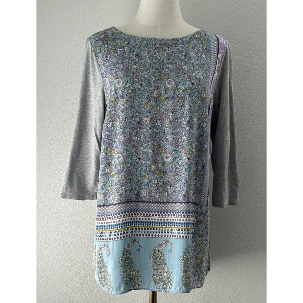 J.Jill Floral Patchwork Tunic Top Size M 3/4 Sleeve Lightweight Boho Casual